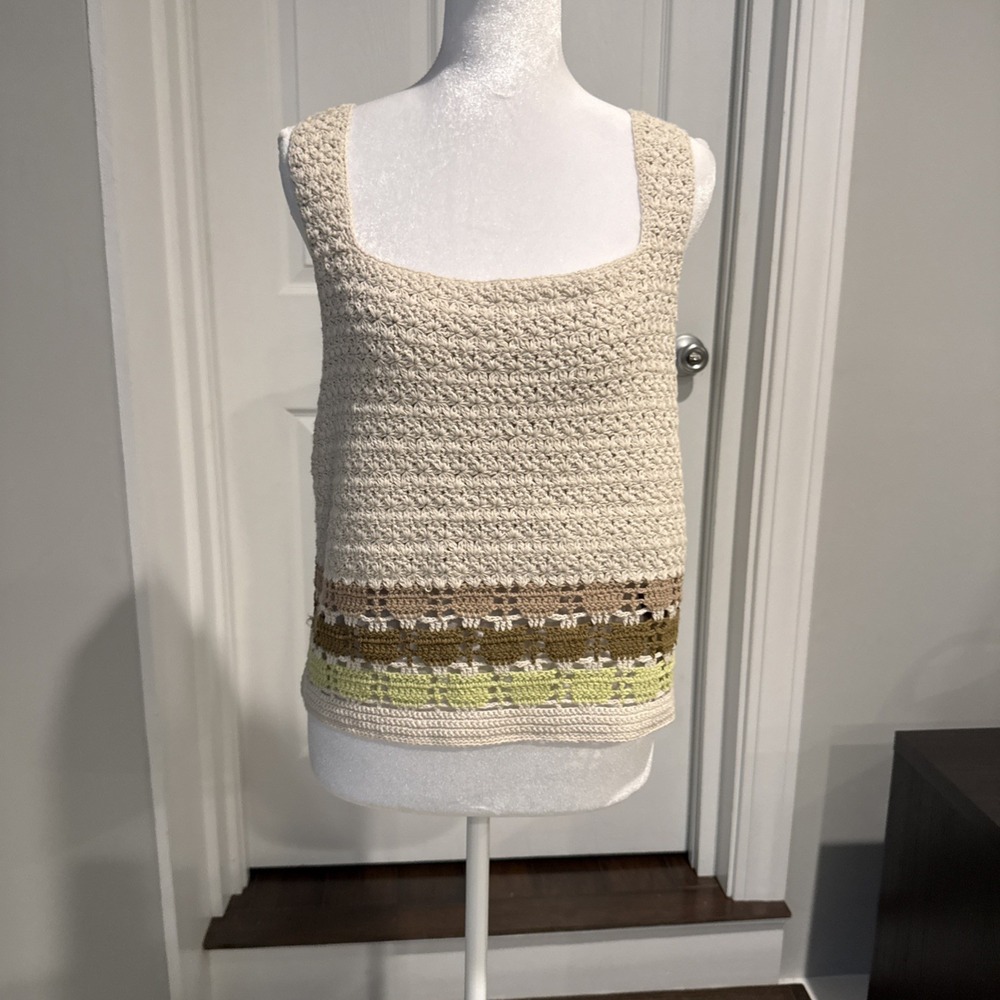 Amour Vert Antibes Crochet Tank Top Ecru Multi Stripe Cotton Square Neck M